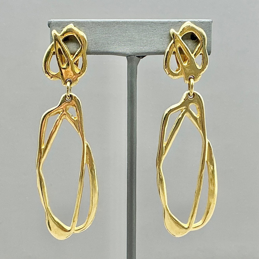 Abstract Dangle Earrings Women Gold Tone Open Work Geometric Modernist Design